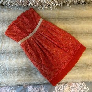 Anthropologie MAGINN Dress 2 Zipper Orange Lace Overlay Strapless Lined Pockets